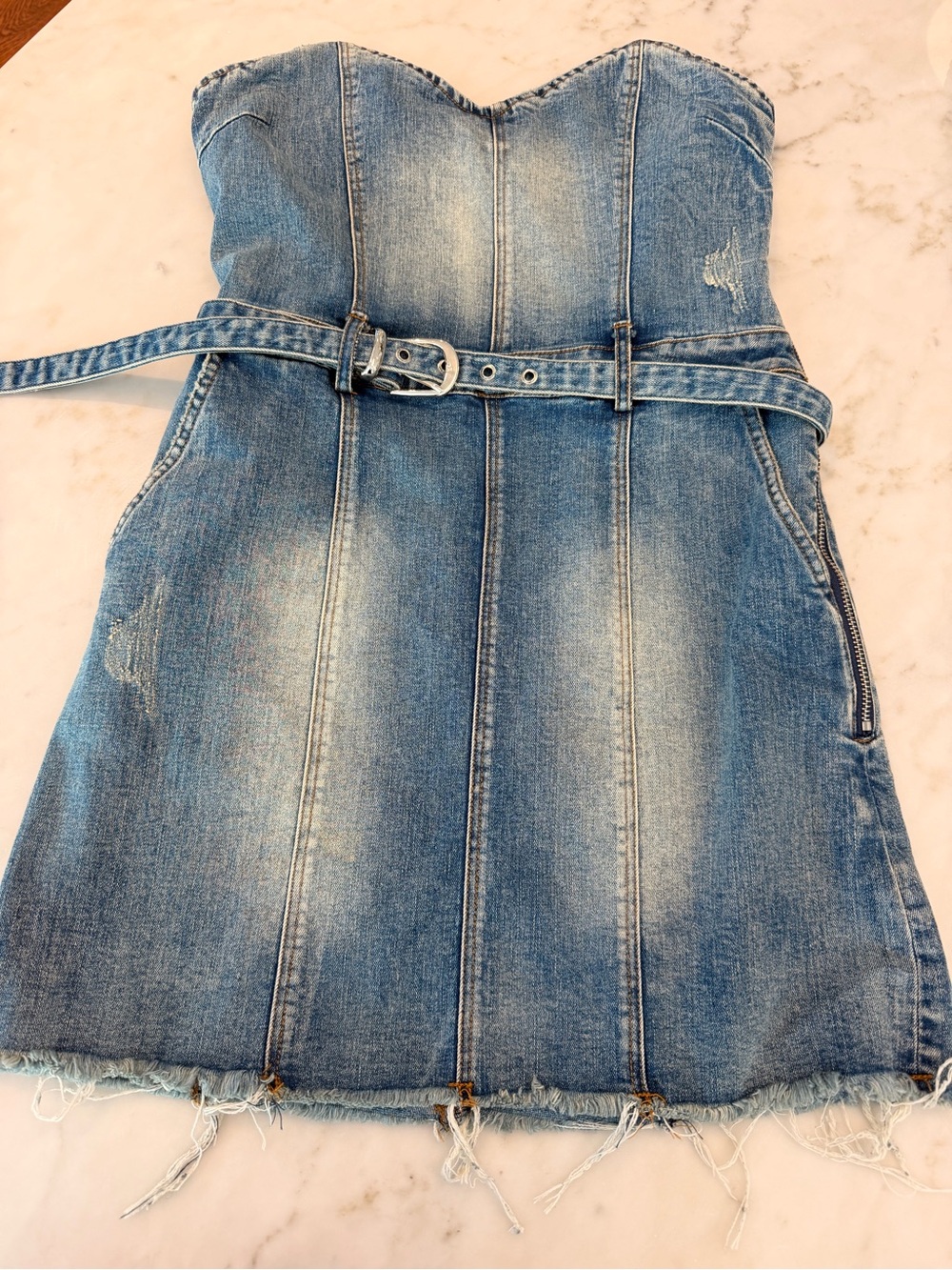 Olivaceous Denim Strapless Belted Women’s Dress in Faded Blue, size Medium
